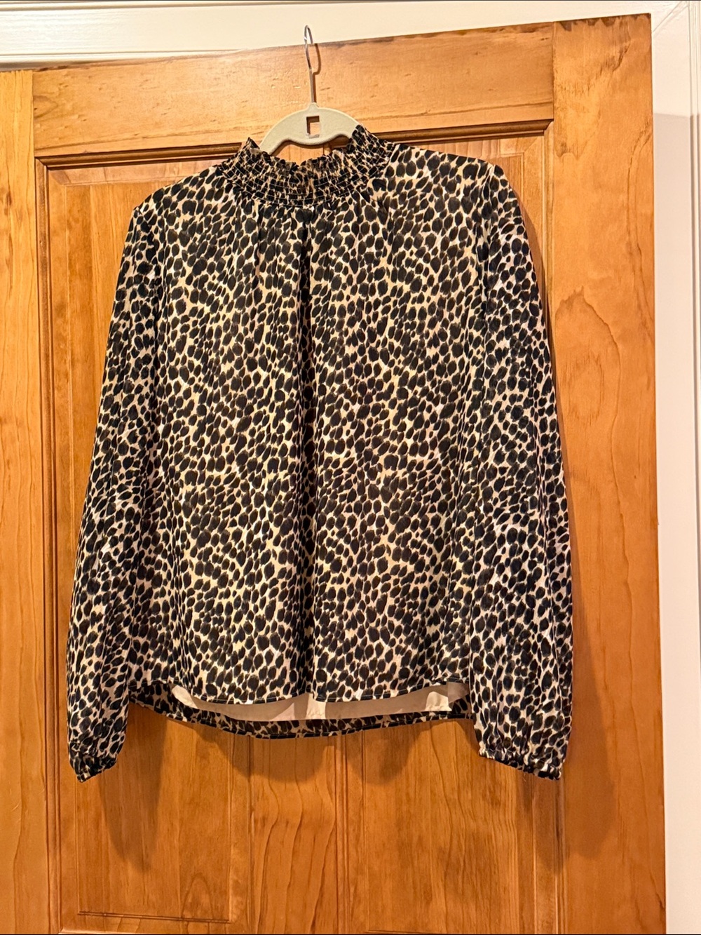 J. Crew Leopard Print Smocked Neck Blouse in Cream and Black